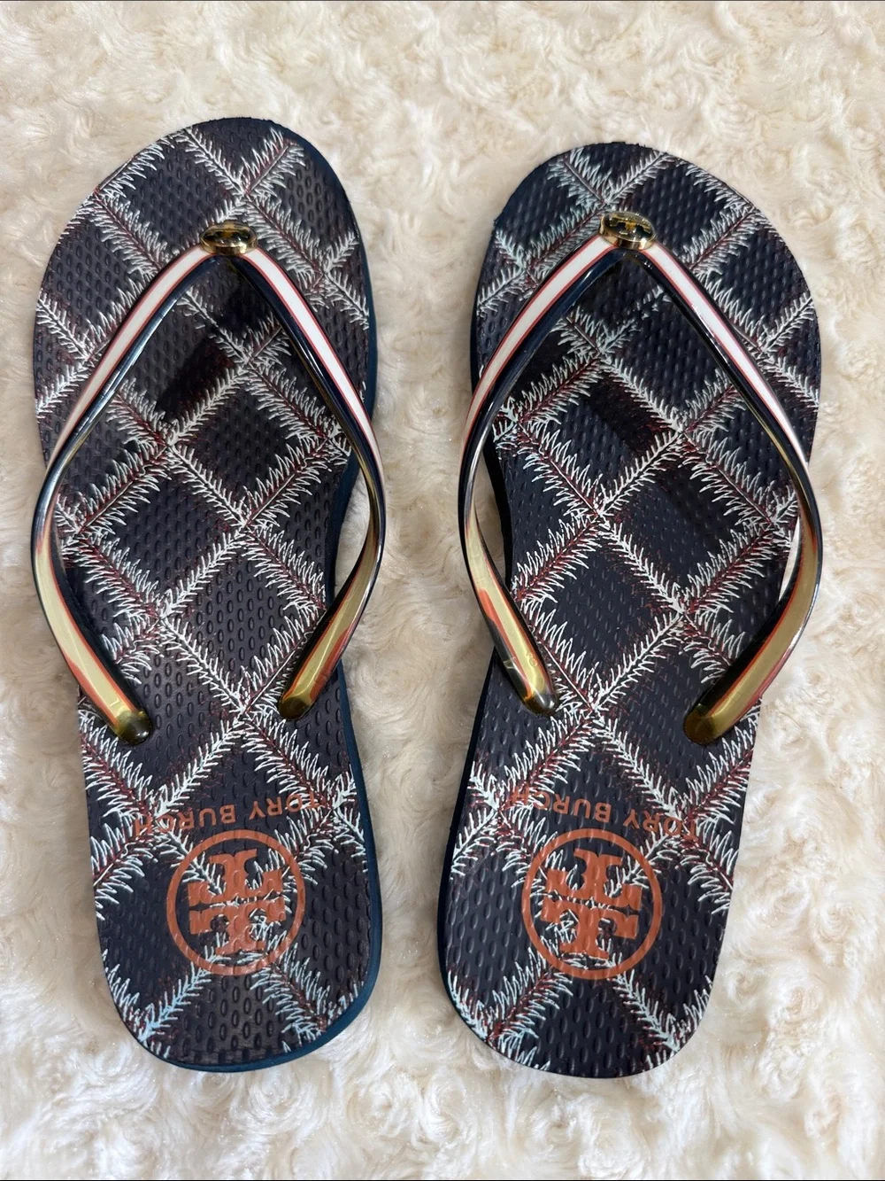 Tory Burch Navy Logo Flip Flop Sandals, sz 7, 2*